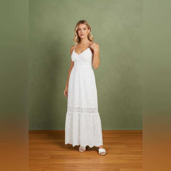 White Spaghetti Strap Maxi Eyelet Dress - Picture 4 of 6